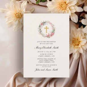 Invitation Baptême élégant Croix Rose Fleurie Bébé Fille