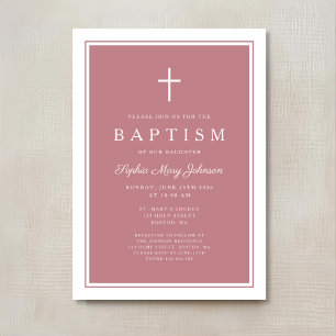 Invitation Baptême élégant de bébé fille à croix rose