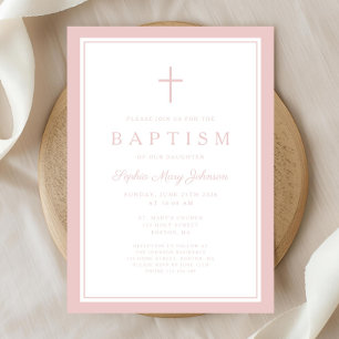 Invitation Baptême élégant de bébé fille croix rose