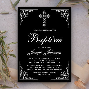 Invitation Baptême élégant de croix ornée vintage