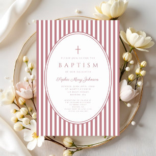 Invitation Baptême élégant de fille rose poussiéreux rayé