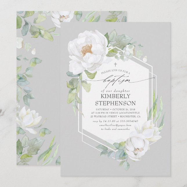 Invitation Baptême Élégant de la végétation florale blanche (Devant / Derrière)