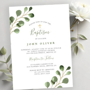 Invitation Baptême élégant eucalyptus verdure croix dorée