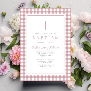 Invitation Baptême élégant fille rose poussiéreux gingembre