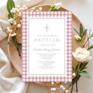 Invitation Baptême élégant fille rose poussiéreux gingembre
