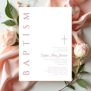 Invitation Baptême élégant moderne de fille rose écriture