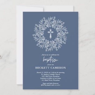 Invitation Baptême élégant religieux croix bleue