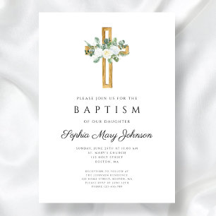 Invitation Baptême élégant religieux de fille florale blanche
