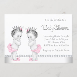 Invitation Baptême élégant rose et argent pour jumelles