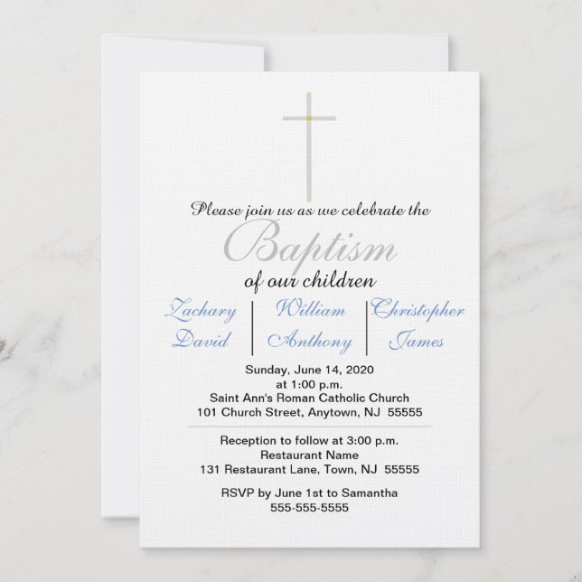 Invitation Baptême élégant Triplet bleu croisé argent (Devant)