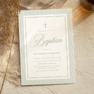 Invitation Baptême Élégant Vert Sauge Calligraphie