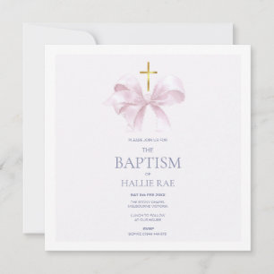 Invitation Baptême Élégante, Bow Rose & Croix Or