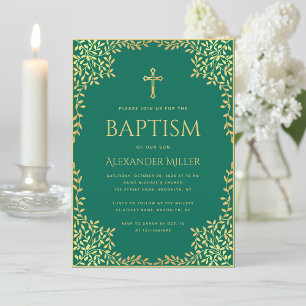 Invitation Baptême Emerald Green Faux Gold Foil Feuilles Orna