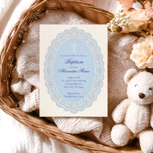 Invitation Baptême en dentelle florale bleu poudre