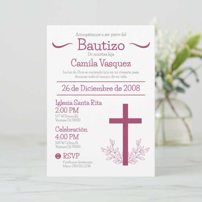 Invitation Baptême en espagnol Cute Bautizo Cross et Feuille (Debout devant)