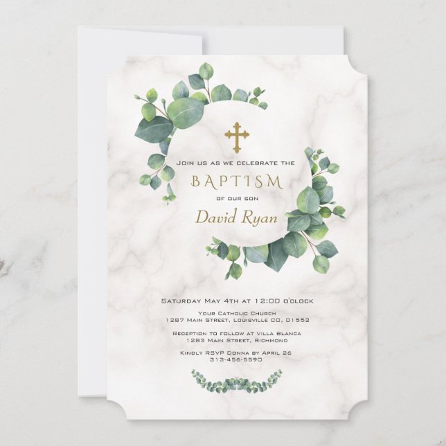 Invitation Baptême en marbre des Feuilles de la couronne d'Eu (Devant)