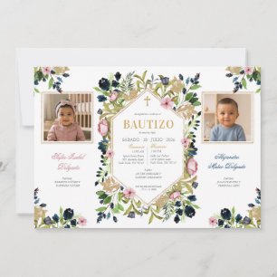Invitation Baptême Enfant Garçon et Fille Photos Fleurs Rose