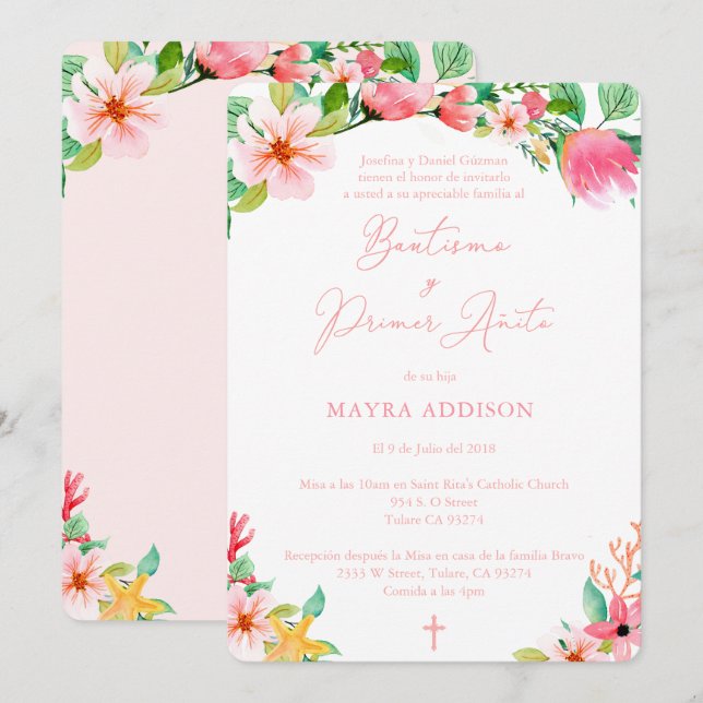 Invitation Baptême Espagnol Joli Rose 1er Anniversaire Pour F (Devant / Derrière)