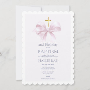 Invitation Baptême et 2e anniversaire Moderne Ruban Rose