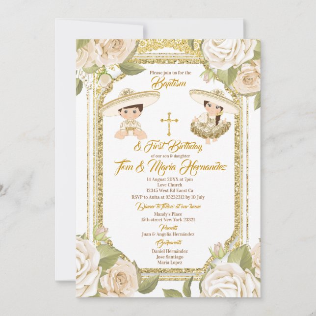 Invitation Baptême et anniversaire Blanc Floral Twin Boy Girl (Devant)
