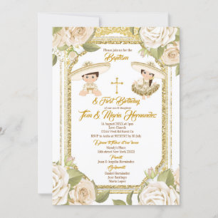 Invitation Baptême et anniversaire Blanc Floral Twin Boy Girl