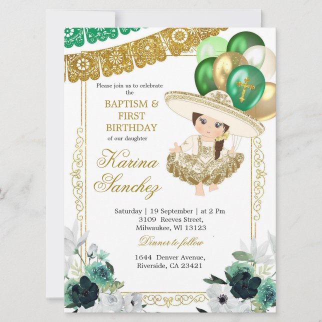 Invitation Baptême et anniversaire de la fille verte mexicain (Devant)