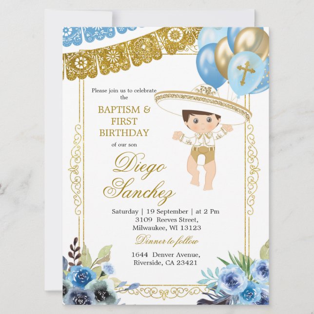 Invitation Baptême et anniversaire du Mexicain Bleu et Charro (Devant)