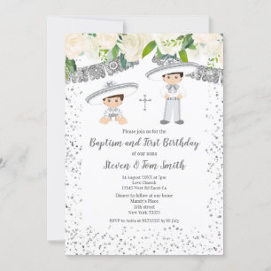 Invitation Baptême et anniversaire Fiesta Floral Twins Boy
