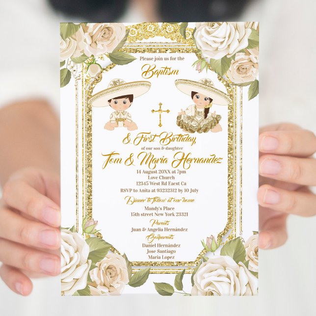 Invitation Baptême et anniversaire Rose Floral Twin Boy Girl (Créateur téléchargé)