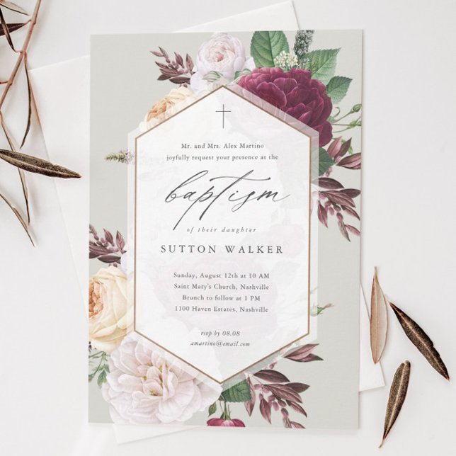 Invitation Baptême et baptême religieux floraux élégant (Modern floral script baptism invitation with hand painted botanical foliage and minimal cross.)