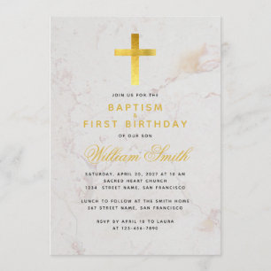 Invitation Baptême et premier anniversaire Faux Gold Cross Ma