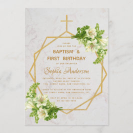 Invitation Baptême et premier anniversaire Gold Lilies Marbre