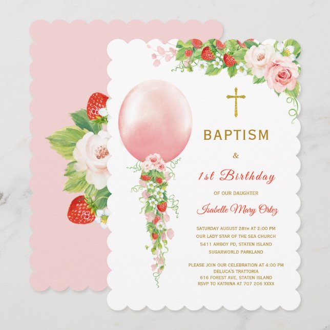 Invitation Baptême et première fraise d'anniversaire (Devant / Derrière)