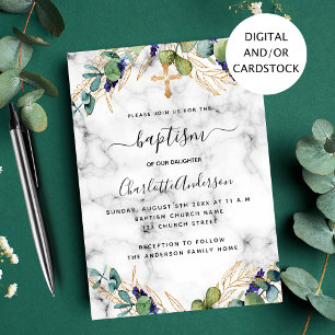 Invitation Baptême eucalyptus marbre d'or