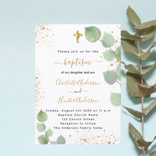 Invitation Baptême eucalyptus verdure cross script jumeaux