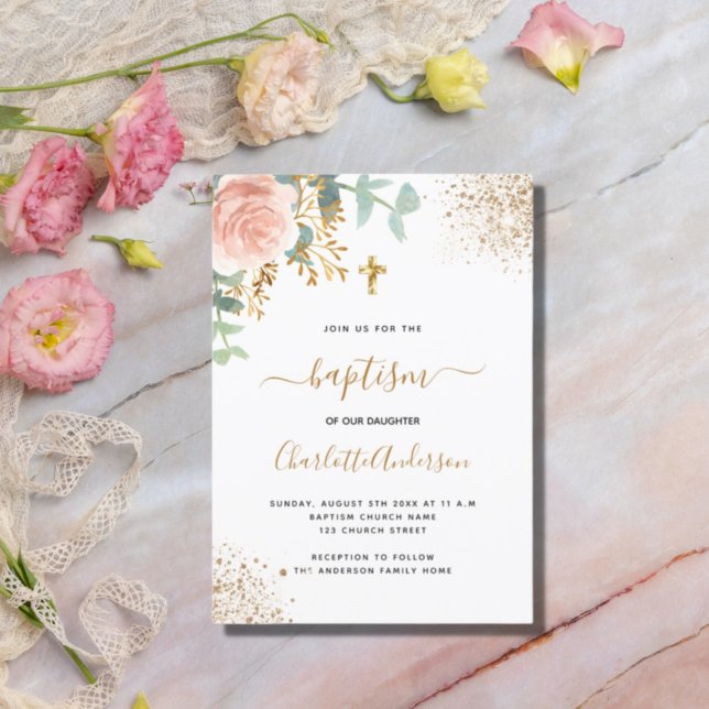 Invitation Baptême eucalyptus verdure rose or floral (Créateur téléchargé)