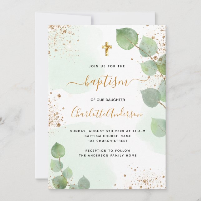 Invitation Baptême eucalyptus vert parties scintillant script (Devant)