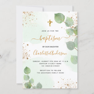 Invitation Baptême eucalyptus vert parties scintillant script