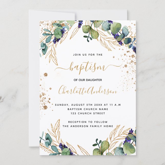 Invitation Baptême eucalyptus vert script or (Devant)
