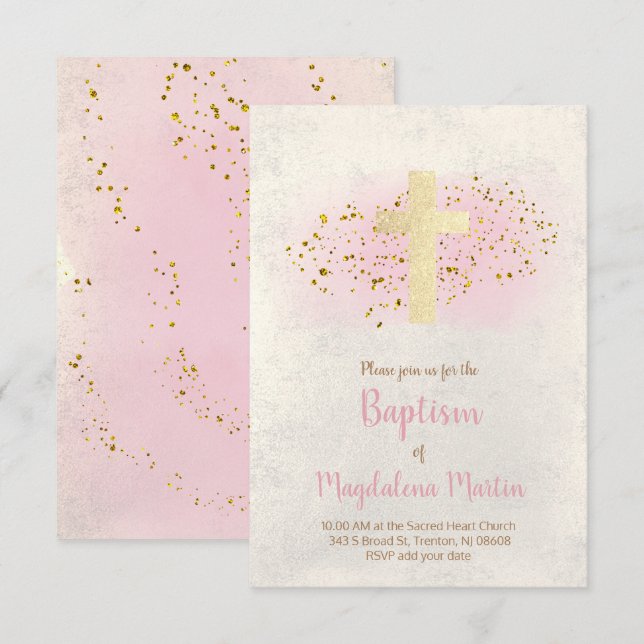 Invitation Baptême | FAUX parties scintillant et aquarelle ro (Devant / Derrière)