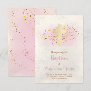 Invitation Baptême   FAUX parties scintillant et aquarelle ro