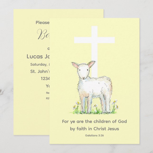 Invitation Baptême Félicitations Galates Écriture Agneau (Devant / Derrière)