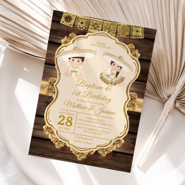 Invitation Baptême Fiesta Twin Boy & Girl Wood 1er anniversai (Créateur téléchargé)