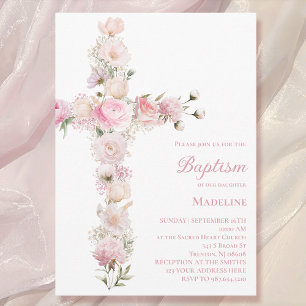 Invitation baptême fille bébé croix florale rose