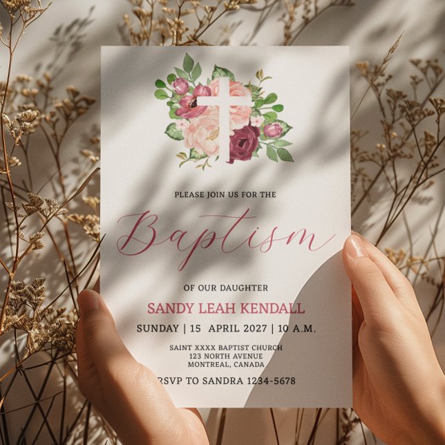 Invitation Baptême Fille de Croix Florale de Bourg (Créateur téléchargé)