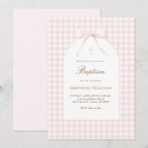 Invitation baptême fille gingham rose blanc