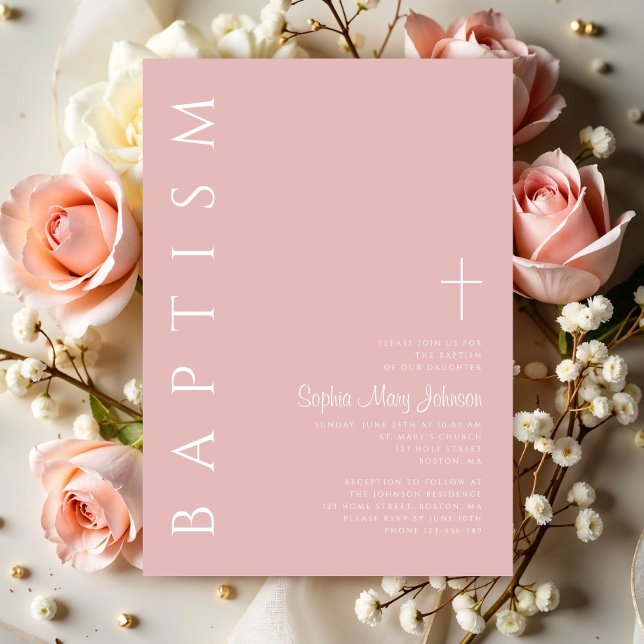 Invitation Baptême Fille Moderne Élégante Rose Pâle Croix (Modern Elegant Blush Pink Cross Girl Baptism Invitation)