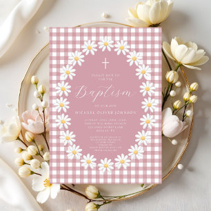 Invitation Baptême Fille Moderne Gingham Floral Rose Poussiér