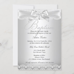 Invitation Baptême Fille ou Garçon Dentelle Argentée & Croix 