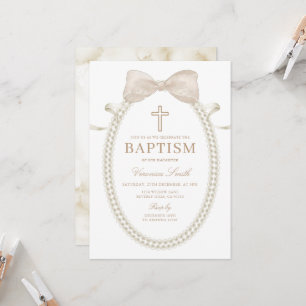 Invitation Baptême fille perles BOW blanc beige
